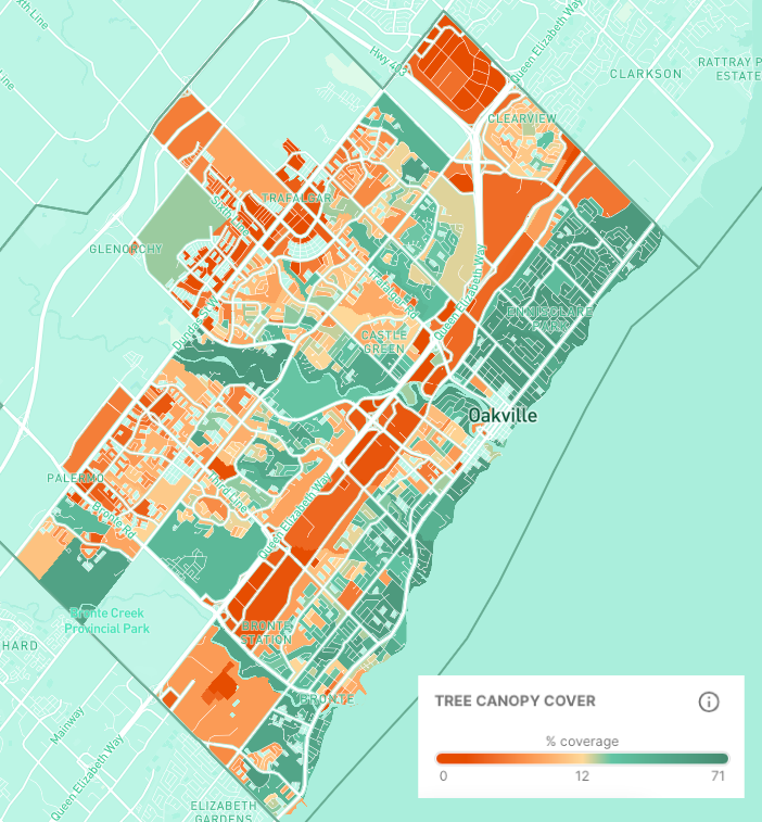A map showing Oakville's Tree canopy and where we need more trees. Source: https://healthyplan.city/en